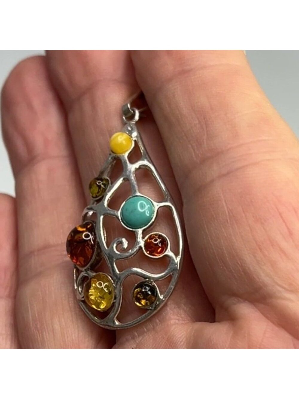 Teardrop Sterling Silver Pendant W/ Multi-Color Amber Stones & Turquoise Accent - Picture 9 of 12
